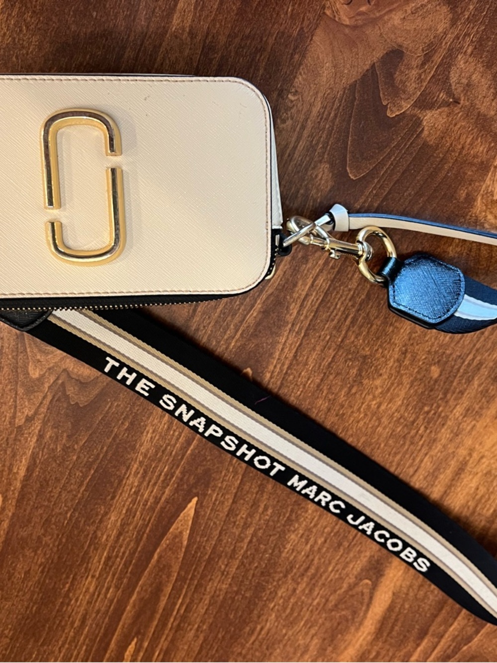 Marc Jacobs Cream and Black Snapshot Crossbody with Branded Strap